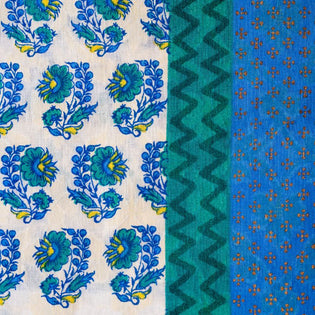  Hand block printed cotton fabric with blue floral, zigzag, and geometric motifs in traditional Indian design