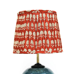  Handcrafted table lamp with green ceramic base and red floral block print pleated lampshade