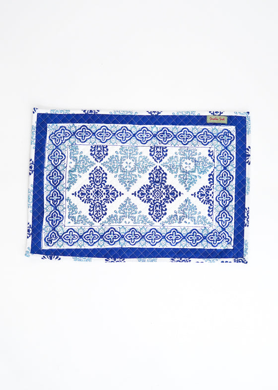 PLACEMAT SET MEDALLION BORDER BLUE - India Ink Home Decor