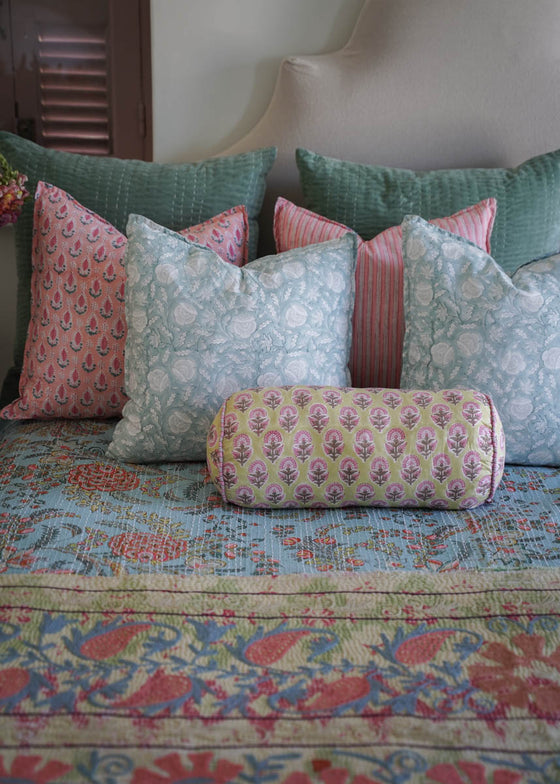 CUSHION VELVET STITCHED AQUA