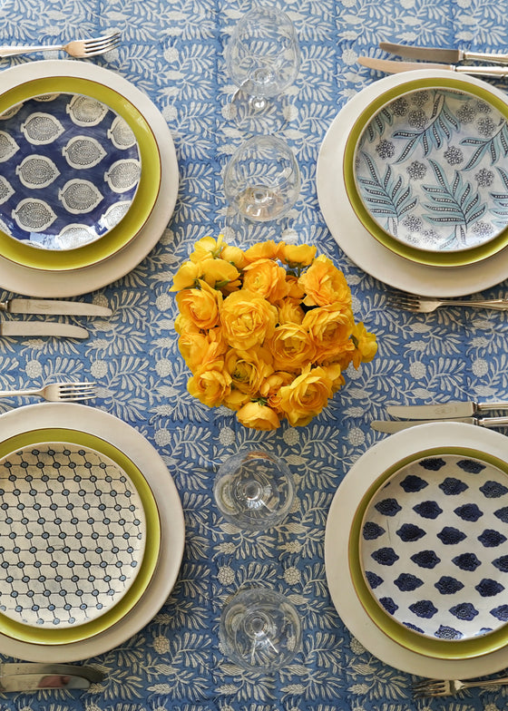 TABLECLOTH BLOCK PRINT GARDEN BLUE - India Ink Home Decor