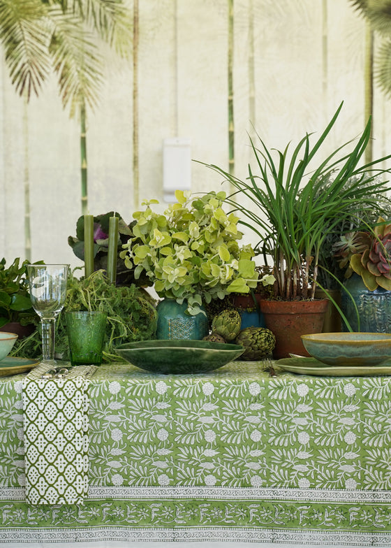 TABLECLOTH GARDEN BLOCK GREEN - India Ink Home Decor