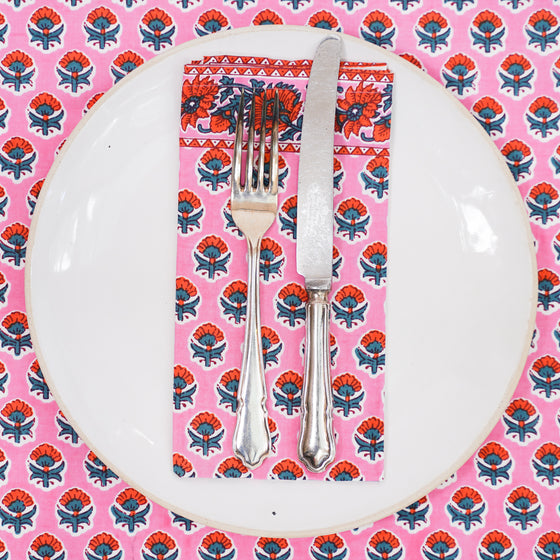 NAPKINS SET BORDER MINI MARIGOLD PINK - India Ink Home Decor