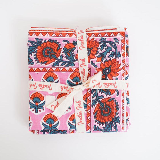NAPKINS SET BORDER MINI MARIGOLD PINK - India Ink Home Decor