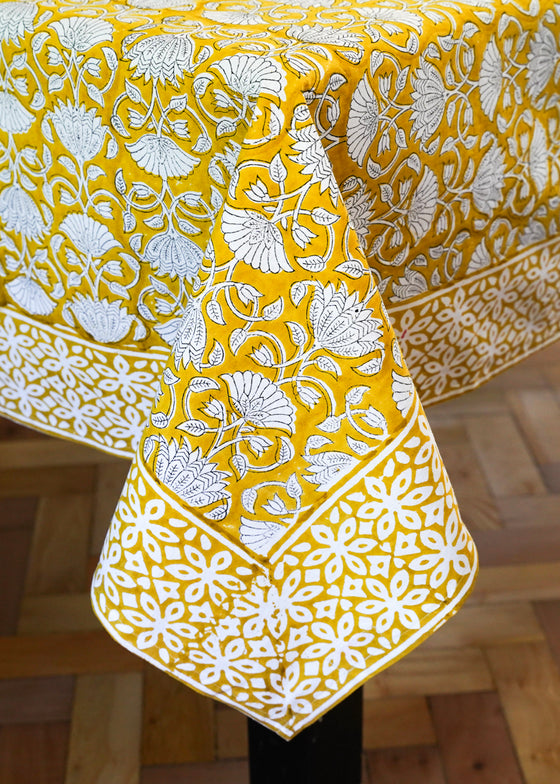 TABLECLOTH FLORAL LOTUS MUSTARD - India Ink Home Decor