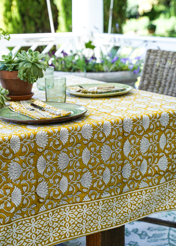 TABLECLOTH FLORAL LOTUS MUSTARD - India Ink Home Decor