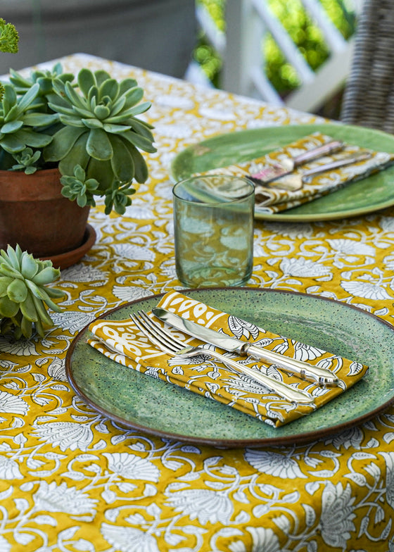 TABLECLOTH FLORAL LOTUS MUSTARD - India Ink Home Decor