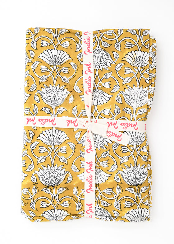 TABLECLOTH FLORAL LOTUS MUSTARD - India Ink Home Decor