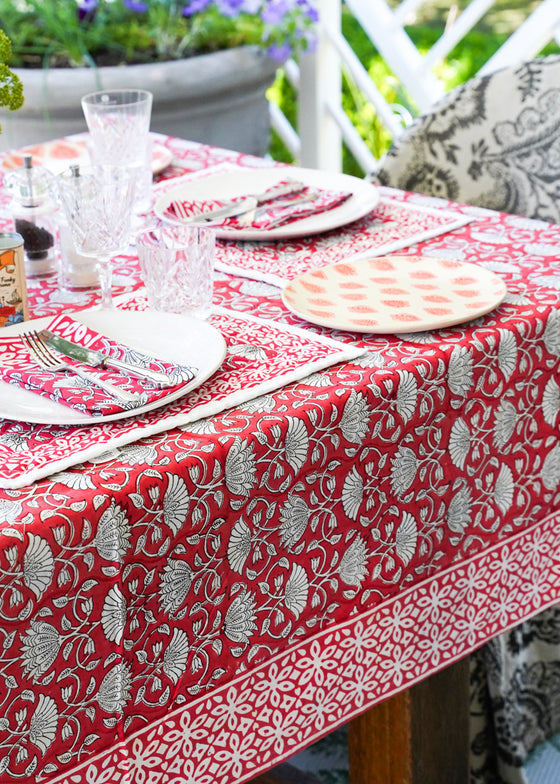 TABLECLOTH FLORAL LOTUS TOMATO - India Ink Home Decor