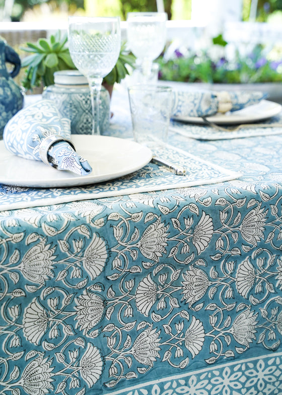 TABLECLOTH FLORAL LOTUS BLUE - India Ink Home Decor