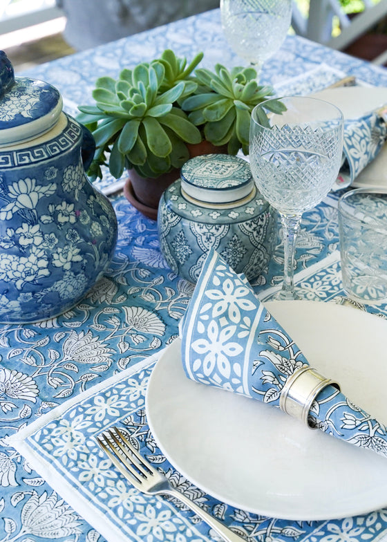 TABLECLOTH FLORAL LOTUS BLUE - India Ink Home Decor