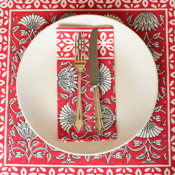 NAPKINS SET FLORAL LOTUS TOMATO - India Ink Home Decor