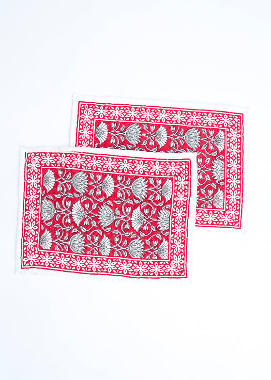 PLACEMAT SET FLORAL LOTUS TOMATO - India Ink Home Decor