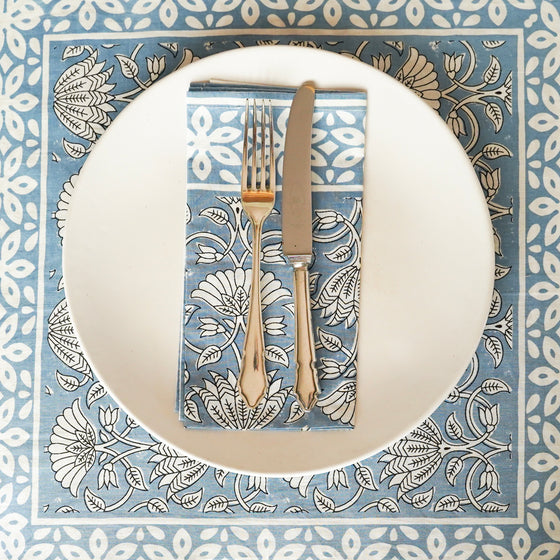NAPKINS SET FLORAL LOTUS BLUE - India Ink Home Decor