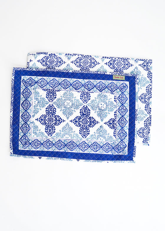 PLACEMAT SET MEDALLION BORDER BLUE - India Ink Home Decor