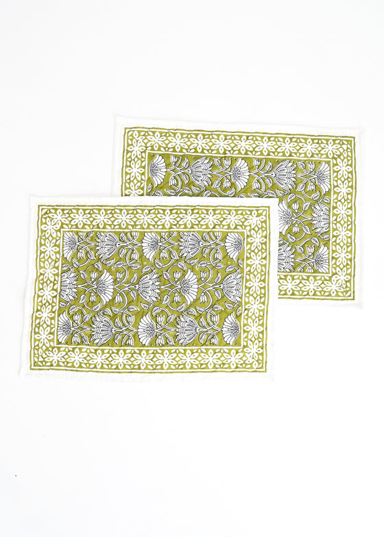 PLACEMAT SET FLORAL LOTUS OLIVE - India Ink Home Decor