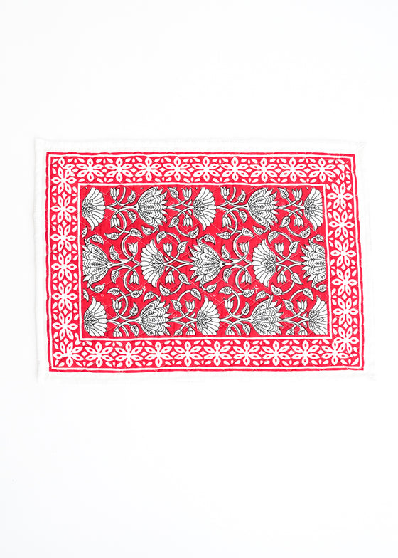 PLACEMAT SET FLORAL LOTUS TOMATO - India Ink Home Decor