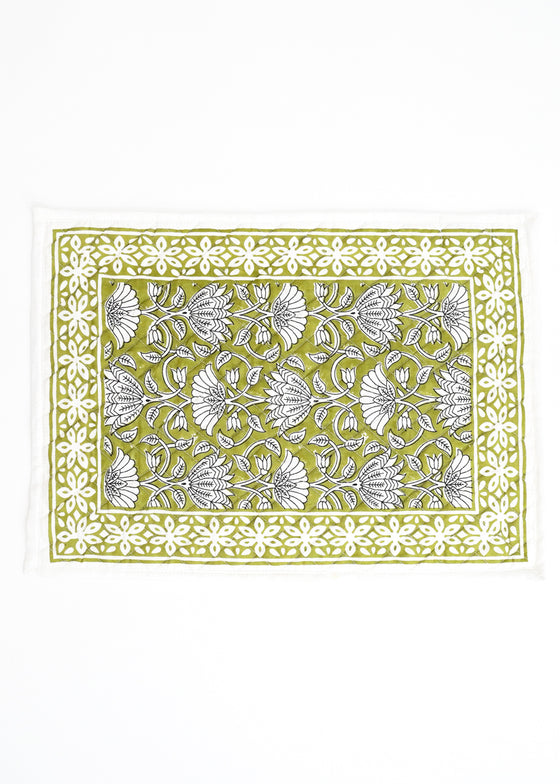 PLACEMAT SET FLORAL LOTUS OLIVE - India Ink Home Decor