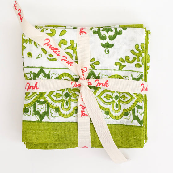 NAPKINS SET MEDALLION BORDER GREEN - India Ink Home Decor
