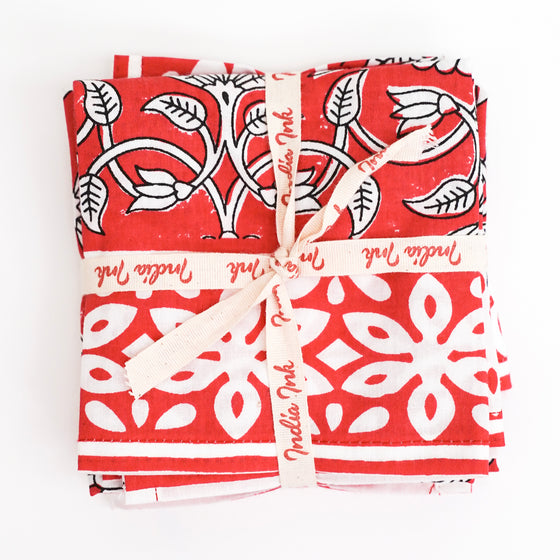 NAPKINS SET FLORAL LOTUS TOMATO - India Ink Home Decor