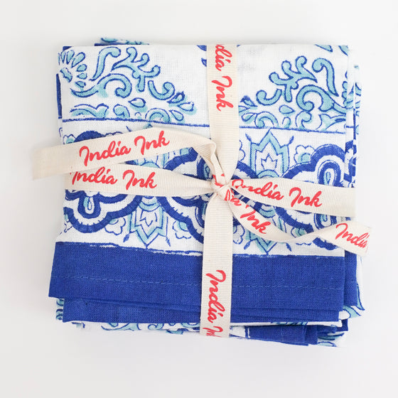 NAPKINS SET MEDALLION BORDER BLUE - India Ink Home Decor