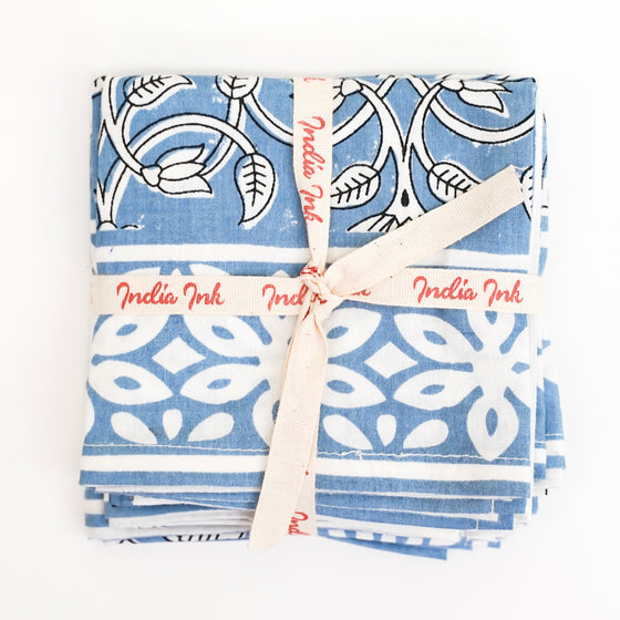 NAPKINS SET FLORAL LOTUS BLUE - India Ink Home Decor