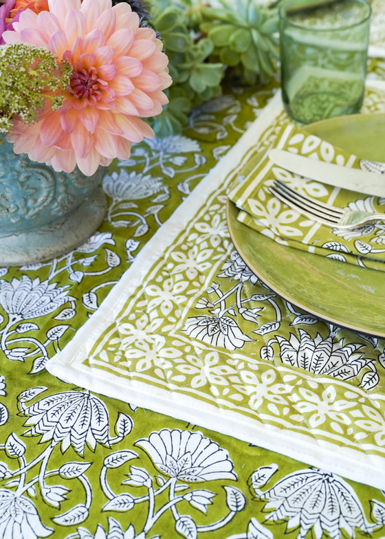 PLACEMAT SET FLORAL LOTUS OLIVE - India Ink Home Decor