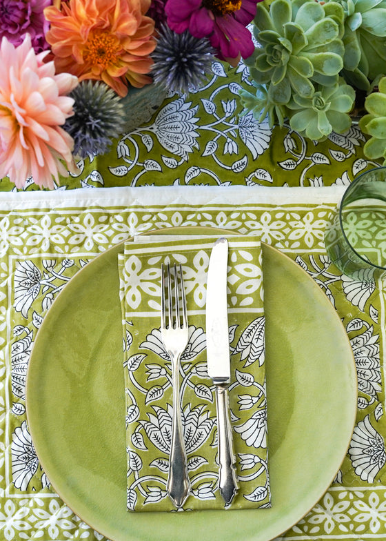 PLACEMAT SET FLORAL LOTUS OLIVE - India Ink Home Decor