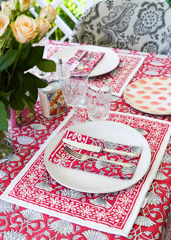 PLACEMAT SET FLORAL LOTUS TOMATO - India Ink Home Decor